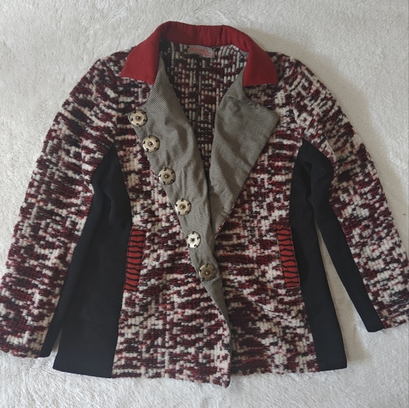 Deborah Cross Sz Lare Wool Red Black Collared Button Up Jacket Textile Artist - Picture 2 of 8